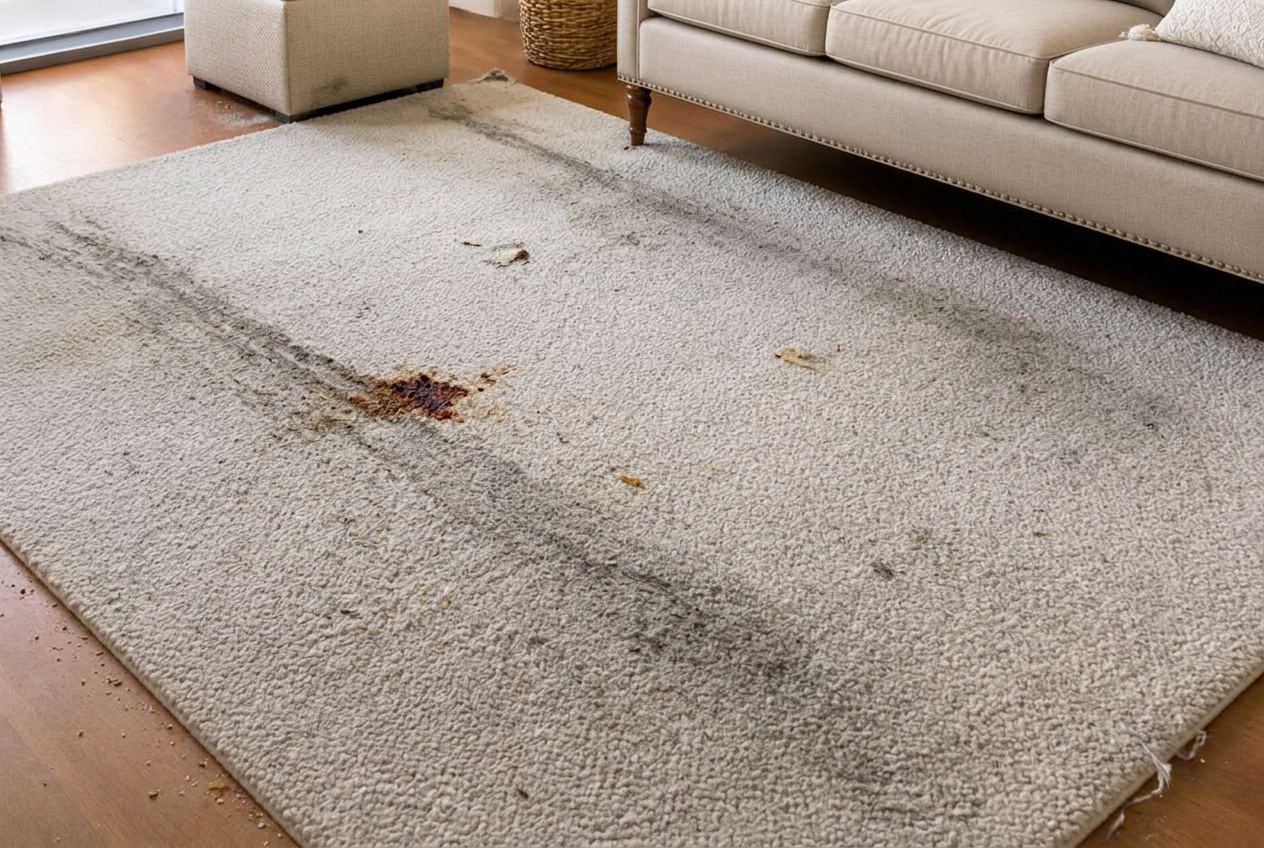 Tapis de salon avant nettoyage à domicile — Ravivage des couleurs et extraction en profondeur.